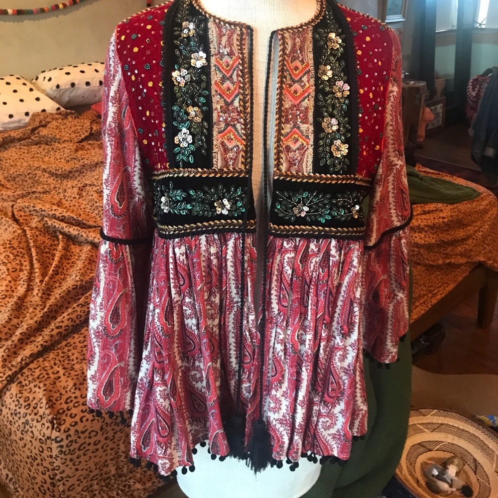 Zara Woman Boho Beaded Velvet Kimono Sleeve Jacket